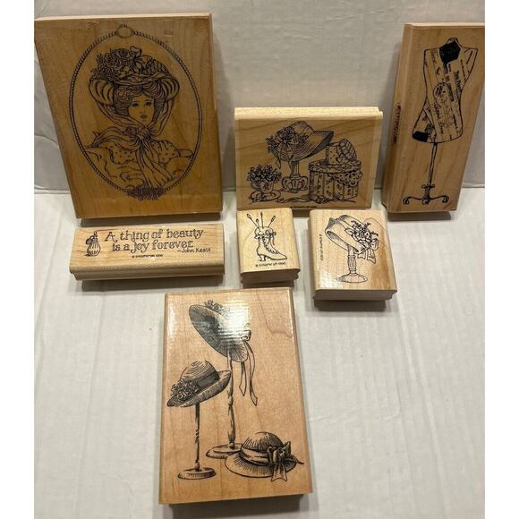 Set of 9 VICTORIAN VINTAGE RUBBER STAMPS WOOD Set FANCY HATS, WOMAN, DRESSES EUC - Picture 3 of 4